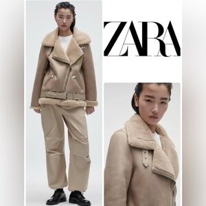 Zara aviator faux suede jacket Women's Beige medium sherpa belted and zippers
